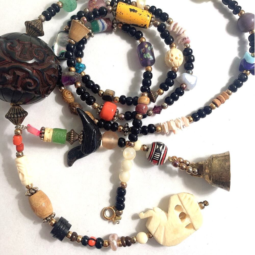 VTG Necklace Treasure Glass Carved Shell Gemstone Coral Trade Style Bead Heishi
